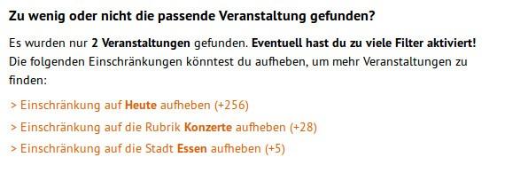 Beispiel für die Tipps zu den Filter-Einstellungen bei sehr wenig Treffern